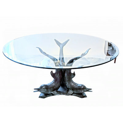Stolik z podstawą w formie delfinów, brąz, szkło kryształowe